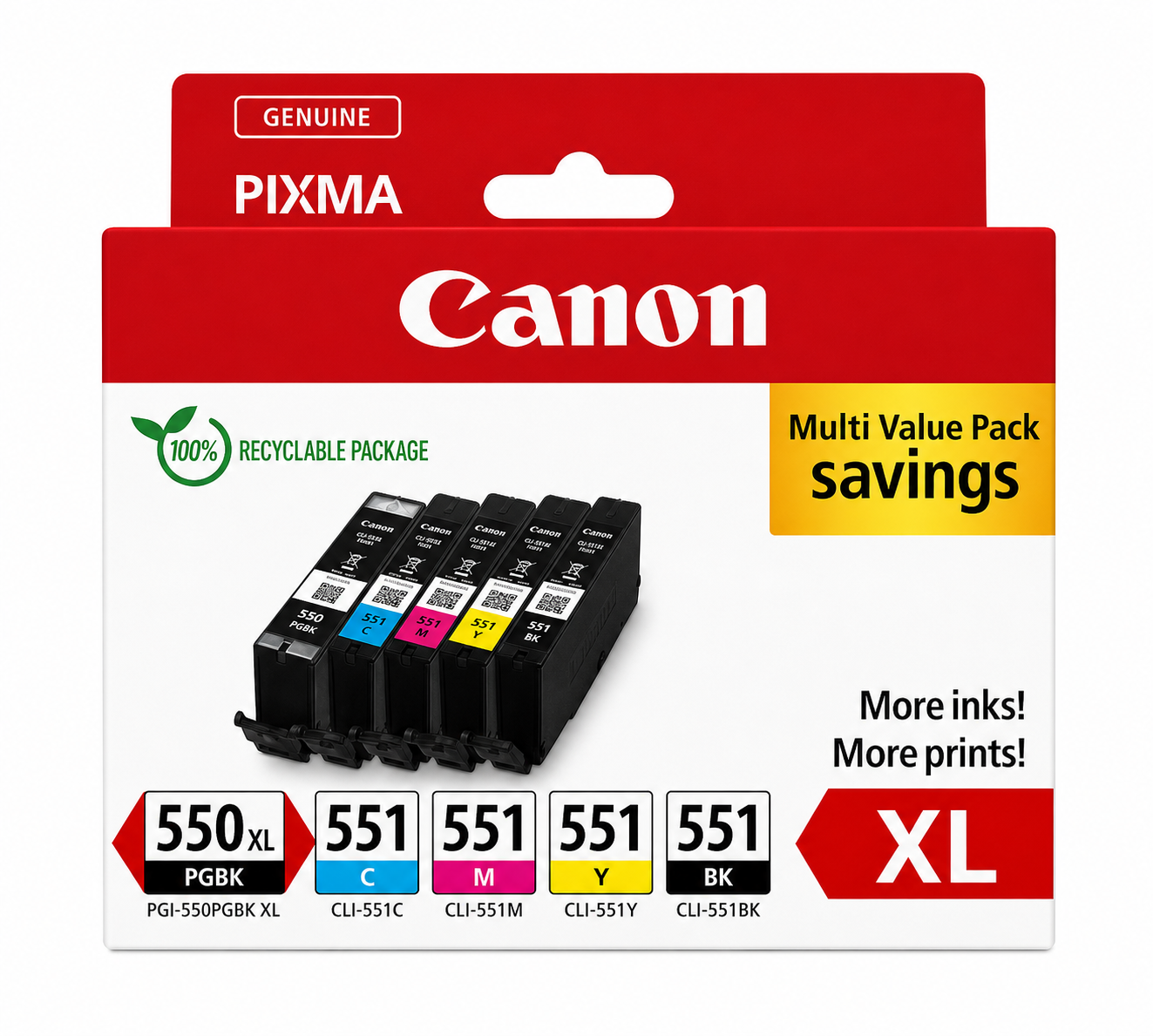 Original Canon PGI-550XL & CLI-551 Tintenpatronen-Multipack (5er-Pack) für PIXMA MG5550, MG6650, iP7250, MX925
