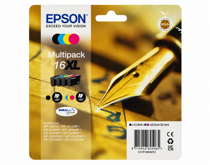 Original Epson 16XL Multipack (T1636) – 4-farbig Füller Tinte für WorkForce WF-2630WF, WF-2750DWF, WF-2510WF