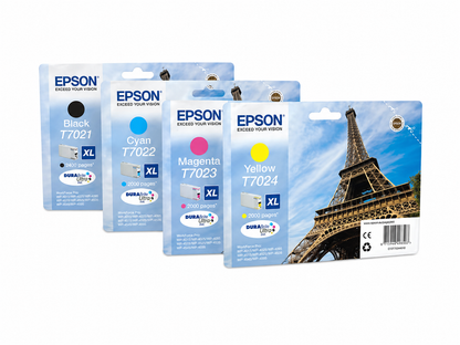 Epson 4X Original T7021 T7022 T7023 T7024 XL Eiffelturm Tintenpatronen für Workforce Pro WP4015, WP4025, WP4095, WP4515, WP4525, WP4535, WP4545, WP459