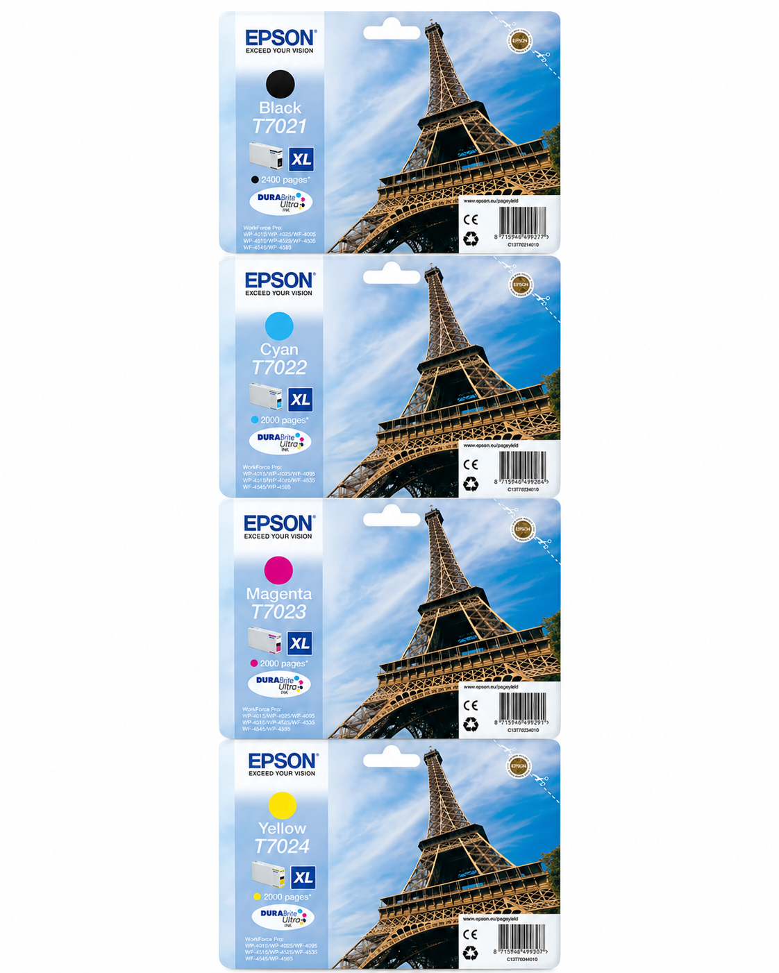 Epson 4X Original T7021 T7022 T7023 T7024 XL Eiffelturm Tintenpatronen für Workforce Pro WP4015, WP4025, WP4095, WP4515, WP4525, WP4535, WP4545, WP459