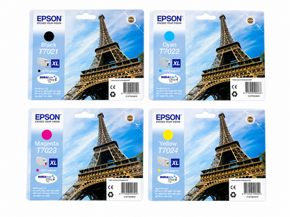 Epson 4X Original T7021 T7022 T7023 T7024 XL Eiffelturm Tintenpatronen für Workforce Pro WP4015, WP4025, WP4095, WP4515, WP4525, WP4535, WP4545, WP459