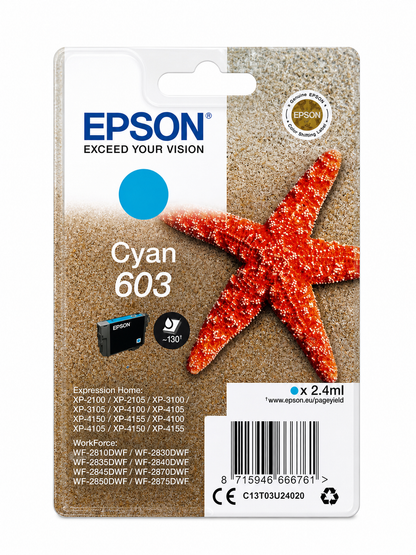 Original Epson 603 Cyan Tintenpatrone C13T03U24010 für Expression Home XP-2100, XP-3100 & WorkForce WF-2830, WF-2850