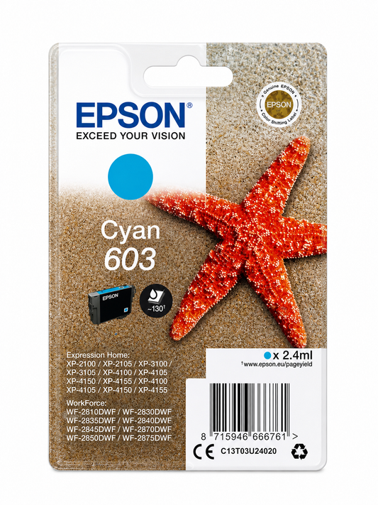 Original Epson 603 Cyan Tintenpatrone C13T03U24010 für Expression Home XP-2100, XP-3100 & WorkForce WF-2830, WF-2850