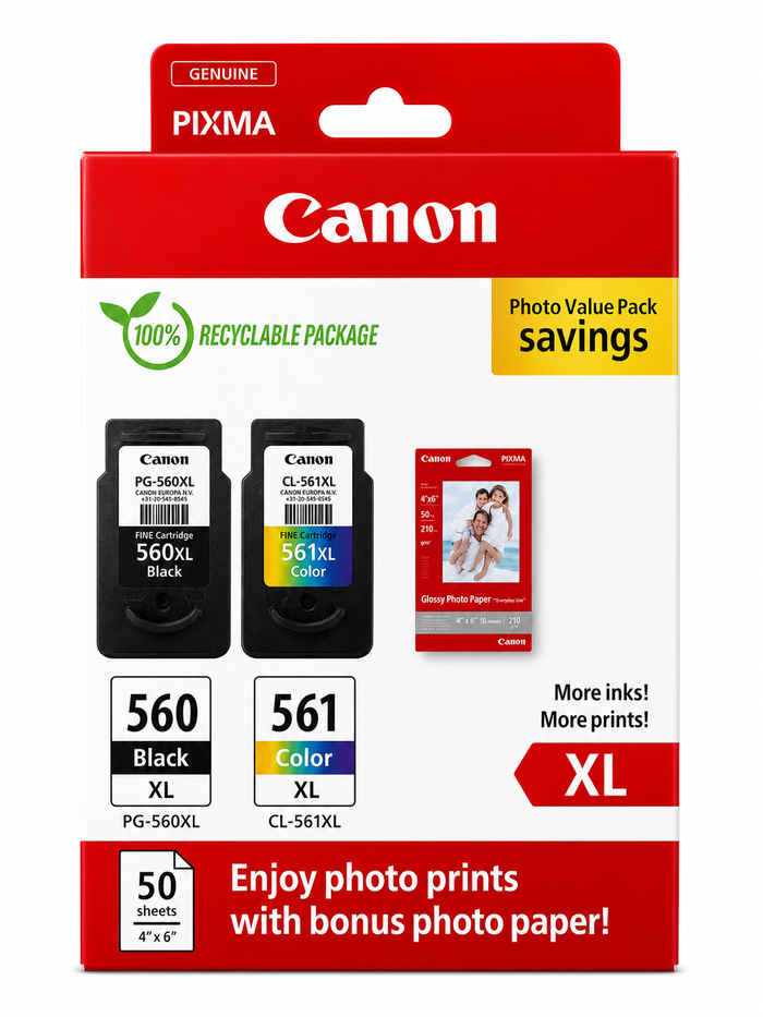 Canon PG-560XL Black & CL-561XL Color High Yield Ink Cartridge Photo Value Pack + 50 Sheets Glossy Photo Paper
