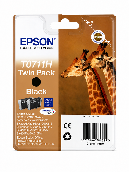 Original Epson T0711H Black Ink Cartridge Twin Pack – High Capacity (2 x 11.1ml)