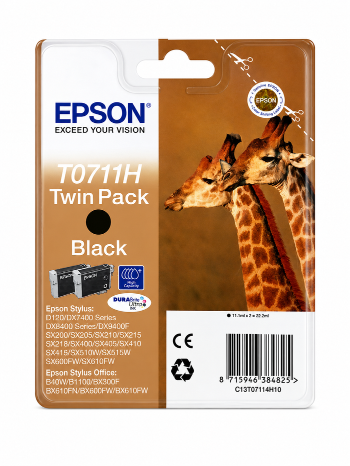 Original Epson T0711H Black Ink Cartridge Twin Pack – High Capacity (2 x 11.1ml)