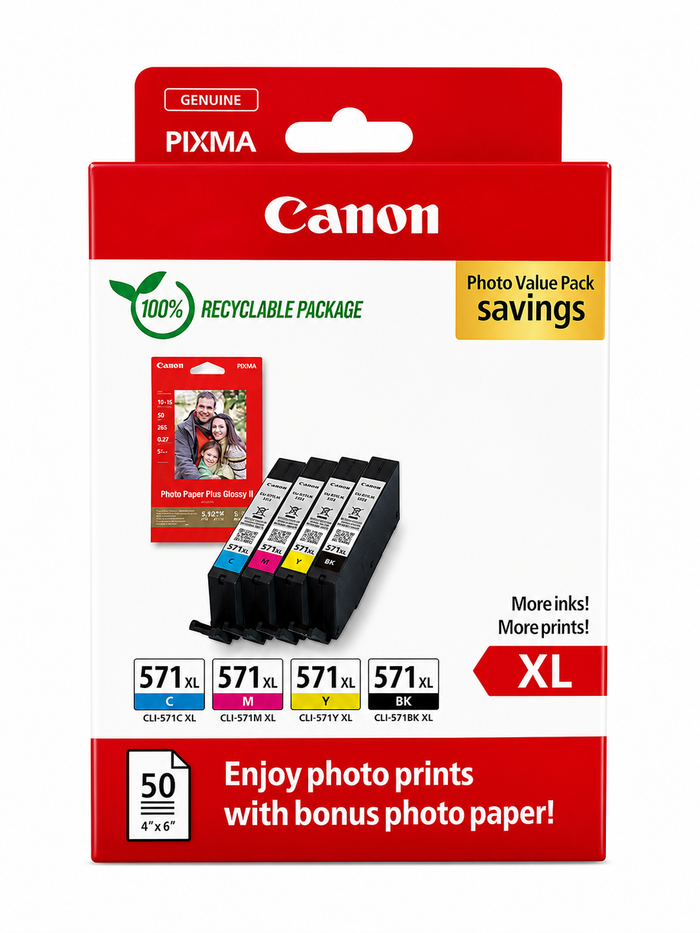 Original Canon CLI-571 XL Photo Value Pack: Cyan, Magenta, Yellow, Black High Yield Ink Cartridges + 50 Sheets Photo Paper