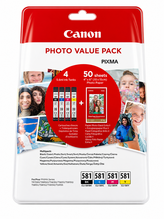Original Canon CLI-581 Photo Value Pack – 4 Ink Cartridges (BK/C/M/Y) + 50 Sheets Photo Paper Plus Glossy II