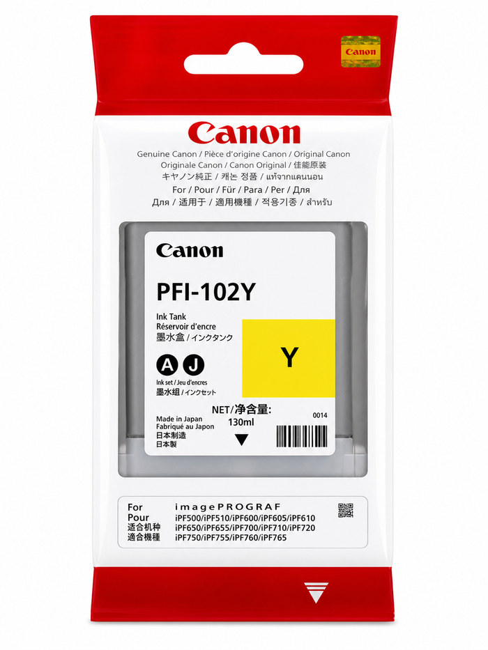 Original Canon PFI-102Y Yellow Ink Tank (130ml) for imagePROGRAF iPF500, iPF600, iPF700, iPF750