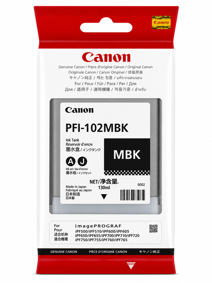 Original Canon PFI-102MBK Matte Black Ink Tank (130ml) for imagePROGRAF iPF510, iPF605, iPF710, iPF750