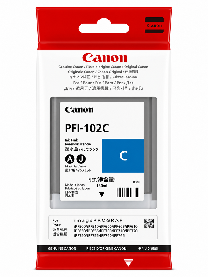 Original Canon PFI-102C Cyan Ink Tank (130ml) for imagePROGRAF iPF510, iPF605, iPF710, iPF750