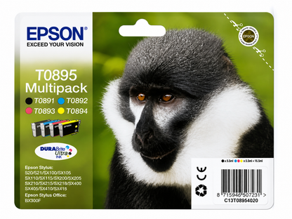Original Epson T0895 Multipack (Monkey) DURABrite Ultra Ink for Stylus S20, SX100, SX200, SX400 Series