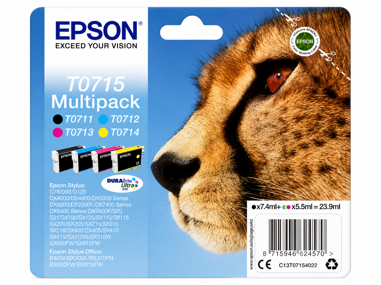 Original Epson T0715 Multipack (Cheetah) DURABrite Ultra Ink for Stylus DX4000, DX7400, DX8400, SX100 Series