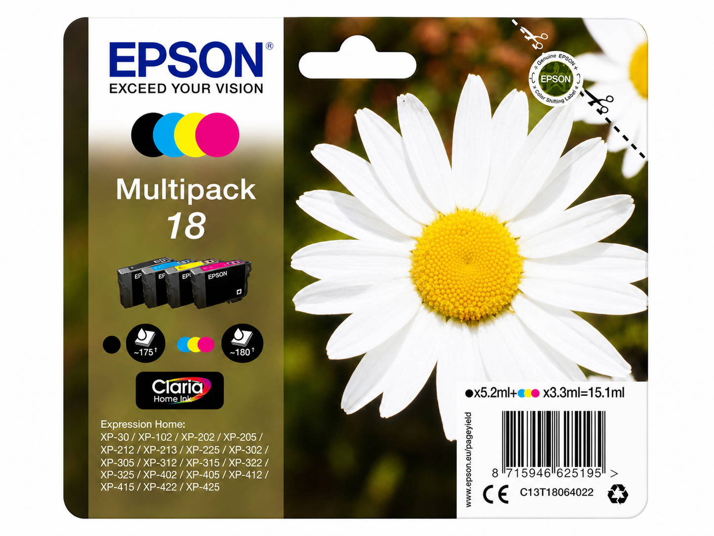 Epson 18 Daisy Multipack Original Tintenpatronen C13T18064010 Claria Home Ink für XP-102 XP-202 XP-205 XP-302 XP-305 XP-405