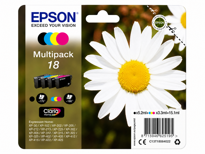 Original Epson 18 Multipack (Daisy) Claria Home Ink for Expression Home XP-30, XP-102, XP-202, XP-302, XP-402 Series