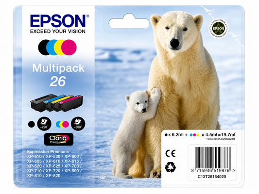 Epson 26 Multipack Eisbär T2616 C13T26164010 Original Druckerpatronen XP-600 XP-700 XP-800