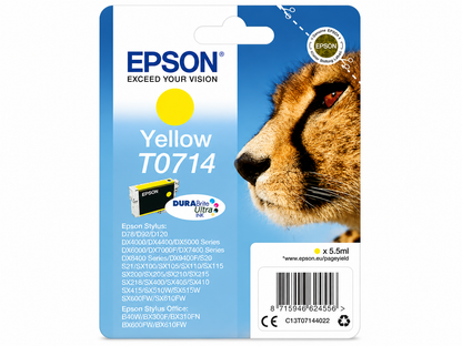 Original Epson T0714 Yellow Ink Cartridge (Cheetah Series) for Stylus D, DX, and SX Printers