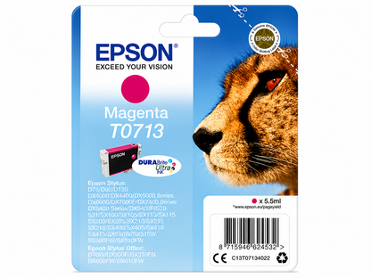 Original Epson T0713 Magenta Ink Cartridge (Cheetah Series) for Stylus D, DX, and SX Printers