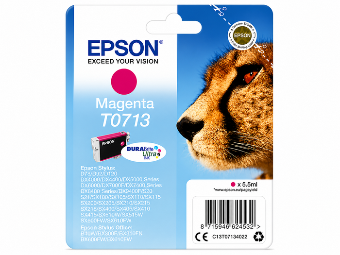 Original Epson T0713 Magenta Ink Cartridge (Cheetah Series) for Stylus D, DX, and SX Printers