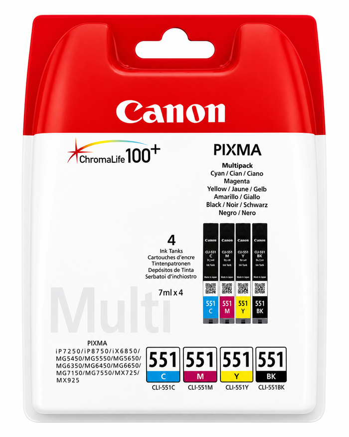 Genuine Canon CLI-551 Multipack: Cyan, Magenta, Yellow, Black (4-Pack) for PIXMA iP7250, MG5550, MX925
