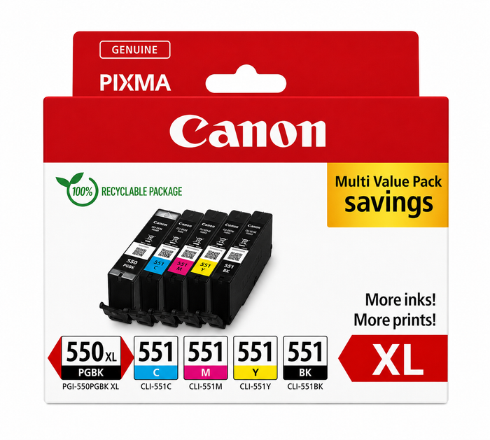 Original Canon PGI-550XL & CLI-551 Tintenpatronen-Multipack (5er-Pack) für PIXMA MG5550, MG6650, iP7250, MX925