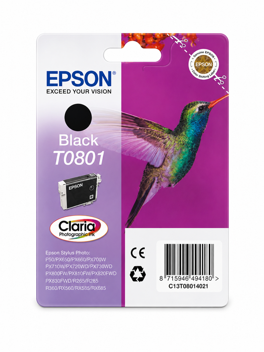 Original Epson T0801 Schwarze Tintenpatrone Kolibri für Stylus Photo P50, PX710W, PX830FWD