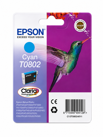Original Epson T0802 Cyan Tintenpatrone Kolibri für Stylus Photo P50, PX710W, PX830FWD