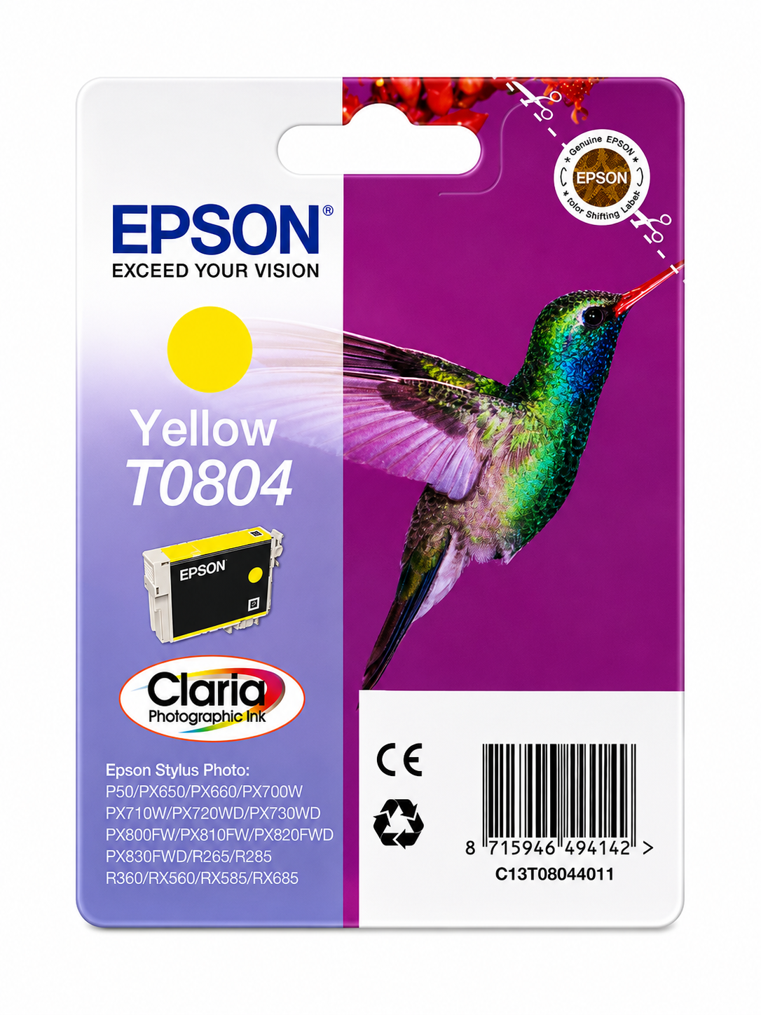 Original Epson T0804 Gelbe Tintenpatrone Kolibri für Stylus Photo P50, PX710W, PX830FWD