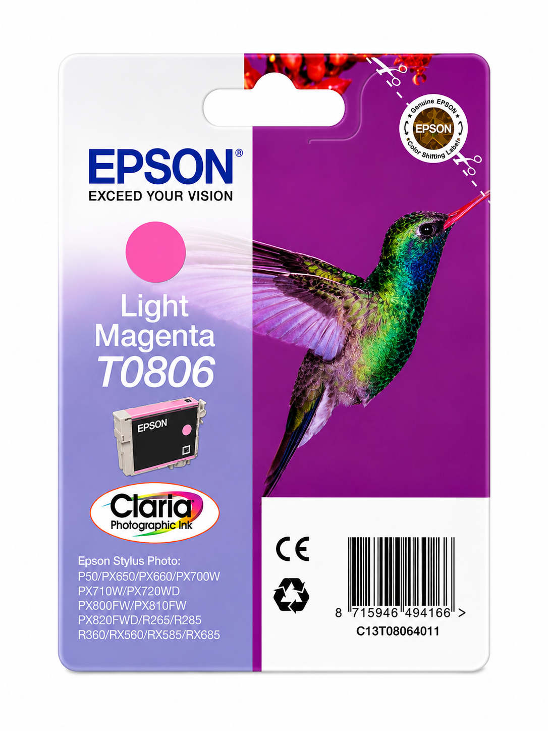 Original Epson T0806 Hellmagenta Tintenpatrone Kolibri für Stylus Photo P50, PX710W, PX830FWD