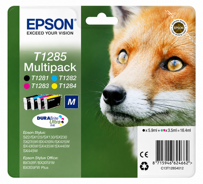 Original Epson T1285 Multipack Fuchs Tintenpatronen – Schwarz- und Farbset