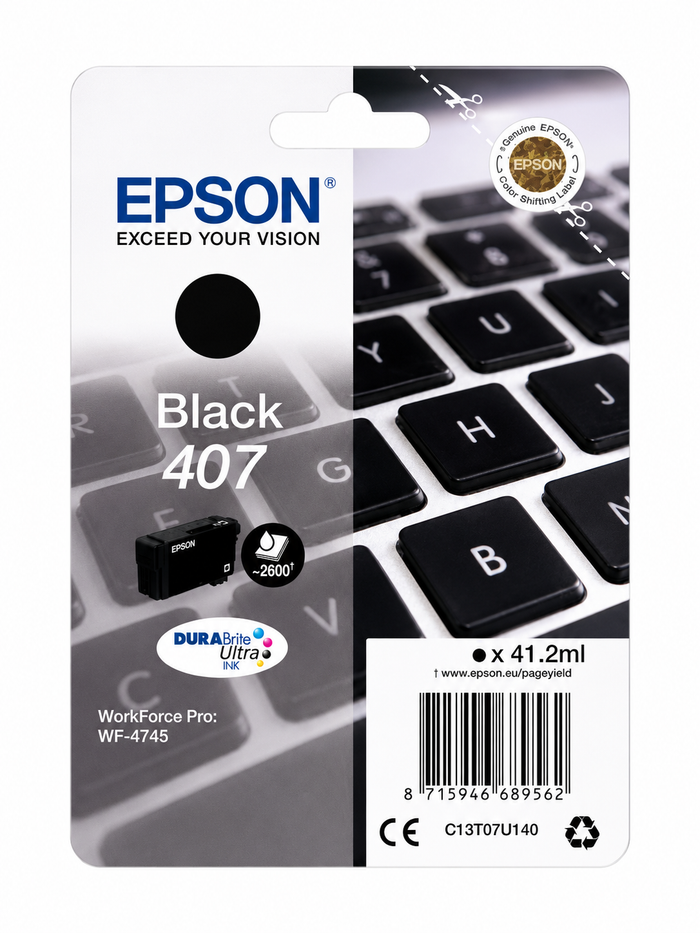 Original Epson 407 Schwarz Tintenpatrone (C13T07U140) – Hohe Reichweite