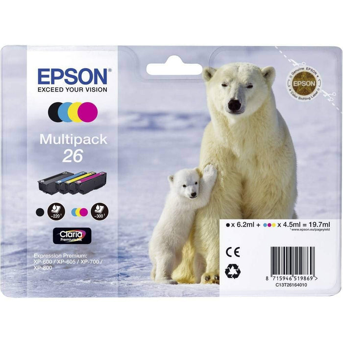 Epson Original Eisbär Claria 26 Multipack Tintenpatrone – 4 Farben: Schwarz, Cyan, Magenta, Gelb – 1 x 6,2 ml, 3 x 4,5 ml – Original Epson Tintenpatronen für optimale Druckergebnisse