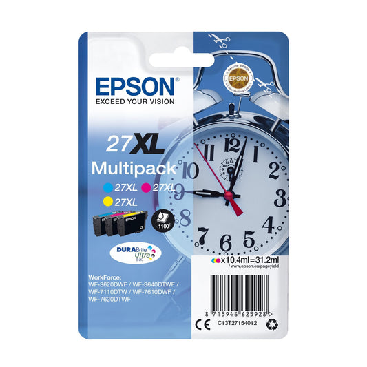 Epson Original 27XL Tinte Wecker (WF-3620DWF, WF-3640DTWF, WF-7110DTW, WF-7210DTW, WF-7610DWF, WF-7620DTWF, WF-7710DWF, WF-7715DWF, WF-7720DTWF), Multipack 3-farbig