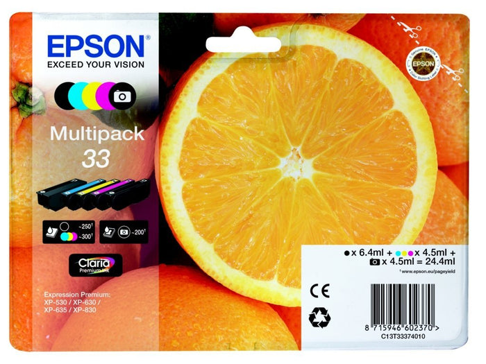 Epson Original T3337 Tinte, Orange, Claria Premium, Text- und Hochglanzfotodruck (Multipack 5-farbig) (CYMK + Photo-schwarz)