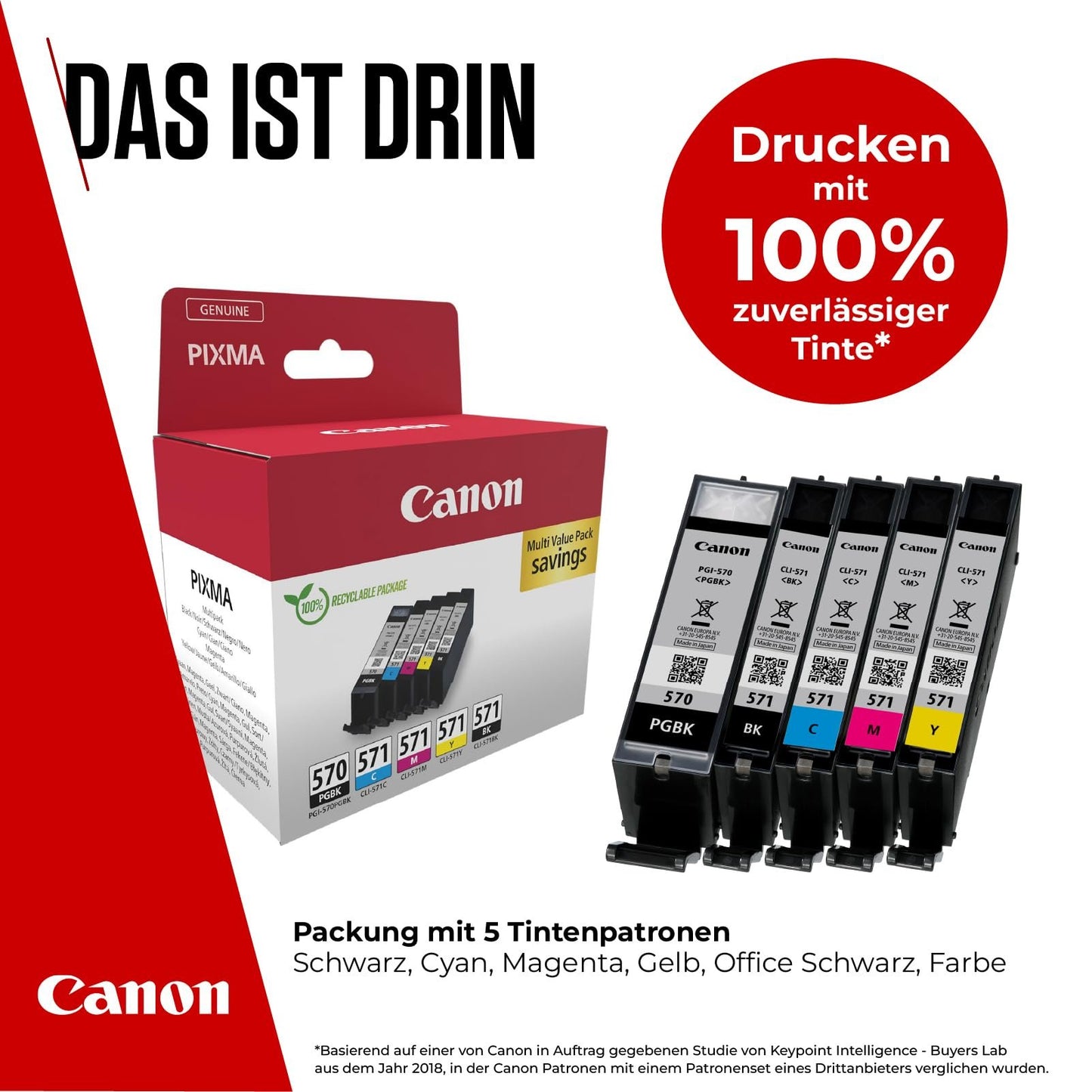 Canon PGI-570 BK CLI-571 BK C M Y PGBK Vorteilspack 5 Tintenpatronen (Schwarz, Cyan, Magenta, Gelb, Pigment-Schwarz) Original [Umweltfreundliche Recycle-Kartonverpackung 2024]