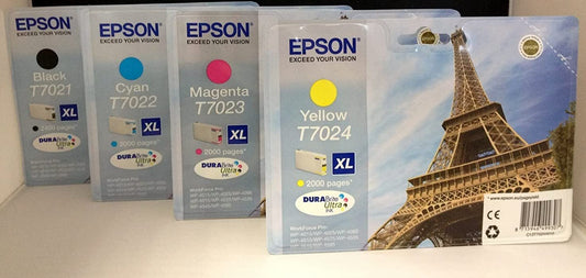 Epson 4X Original T7021 T7022 T7023 T7024 XL Eiffelturm Tintenpatronen für Workforce Pro WP4015, WP4025, WP4095, WP4515, WP4525, WP4535, WP4545, WP4595