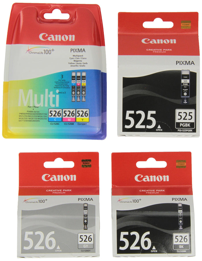 Canon PGI525 / CLI526CMY + K + GY Tintenpatronen, 6-er Set von 2 x schwarz, 3 x farbtinten, 1 x grau