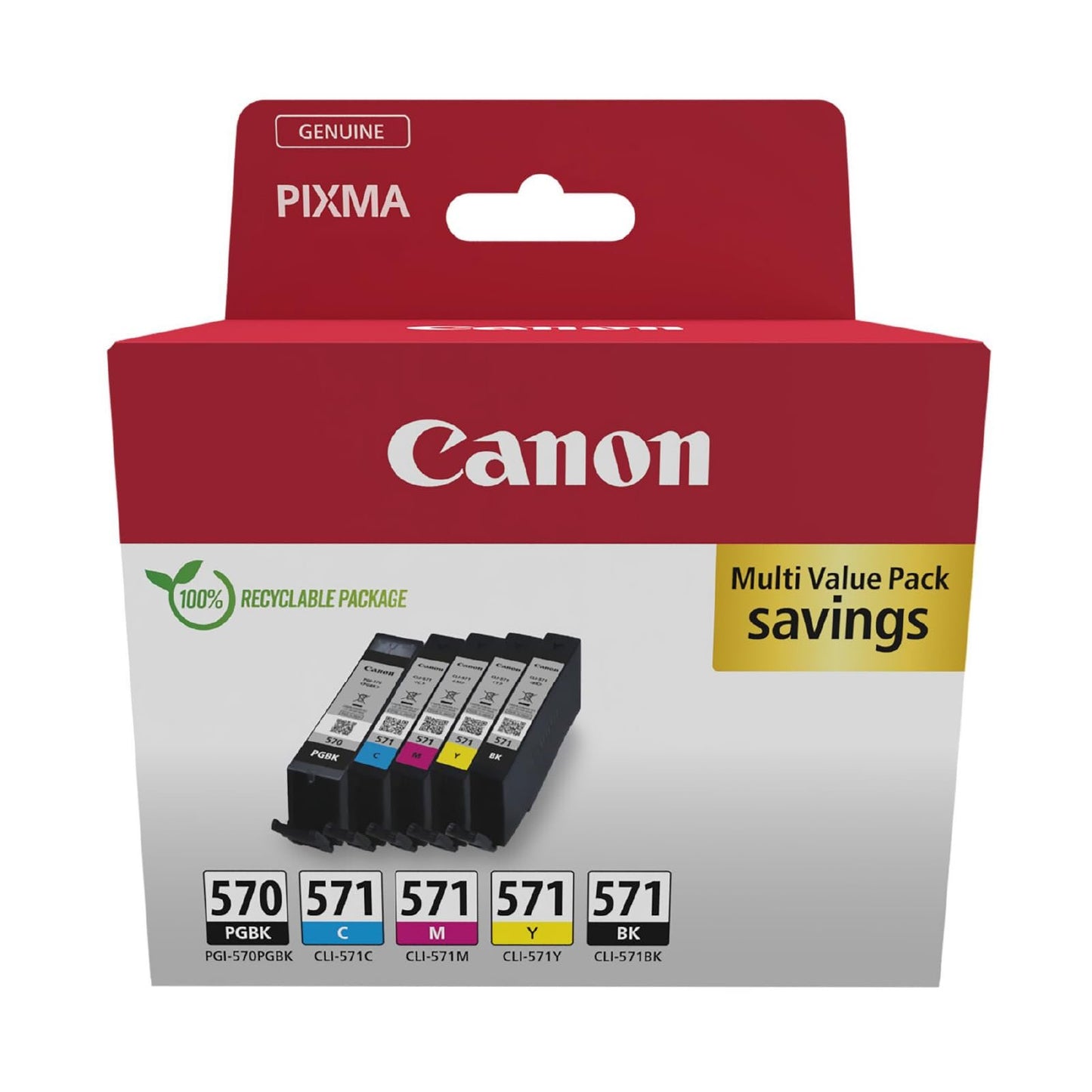 Canon PGI-570 BK CLI-571 BK C M Y PGBK Vorteilspack 5 Tintenpatronen (Schwarz, Cyan, Magenta, Gelb, Pigment-Schwarz) Original [Umweltfreundliche Recycle-Kartonverpackung 2024]