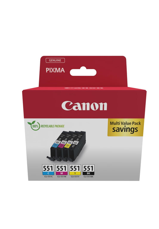 Canon CLI-551 C M Y BK Vorteilspack 4 Tintenpatronen (Schwarz, Cyan, Magenta, Gelb) Original [Umweltfreundliche Recycle-Kartonverpackung 2024 mit Diebstahl Sicherungsetikett]