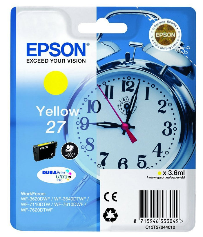 Epson 27 DURABrite Ultra Tintenpatrone Gelb - Tintenpatrone für Drucker (Original, Tinte auf Pigmentbasis, Gelb, 1 Stück, WF 36xx / 7110 / 76xx)