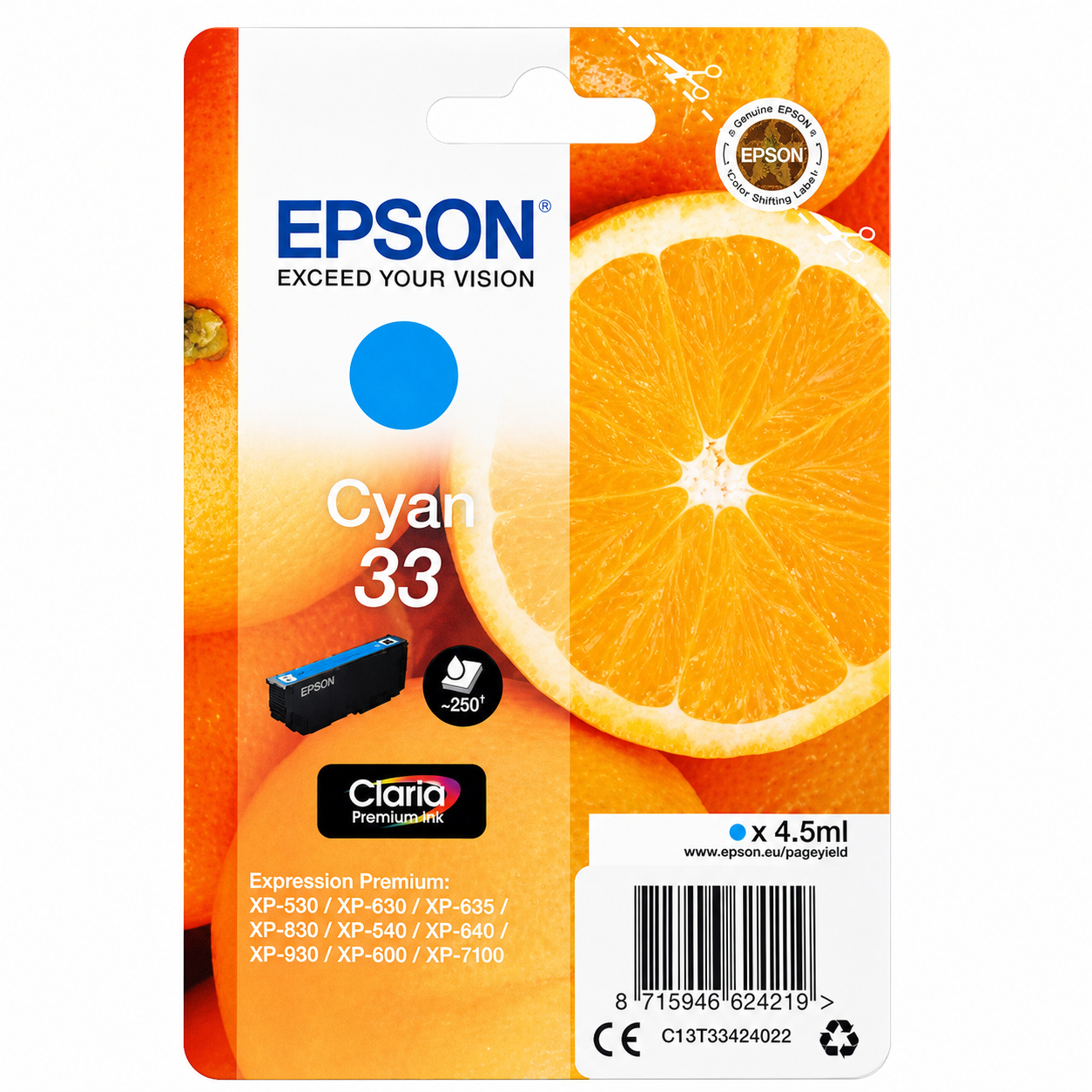Epson 33 Cyan Original Tintenpatrone (C13T33424012) für Epson Expression Premium