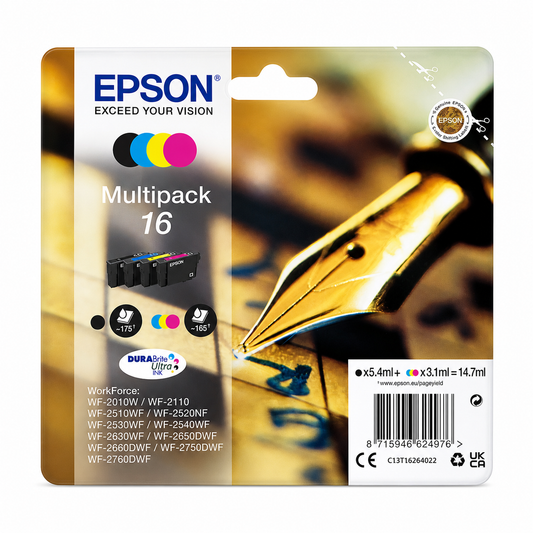 Epson 16 Original Tintenpatronen-Multipack Schwarz/Cyan/Magenta/Gelb für Epson WorkForce Drucker